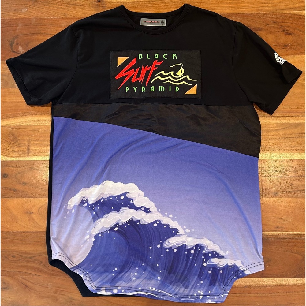 Black Pyramid Surf T-Shirt Mens XL Black Blue Wave Graphic Embroidered Patch Tee